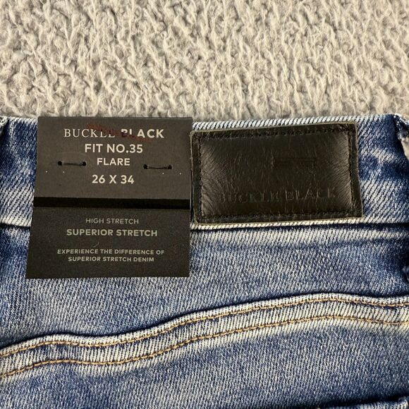 Buckle Black Flare Jeans Womens 26x34 Fit No 35 Distressed High Stretch Denim - Picture 9 of 15